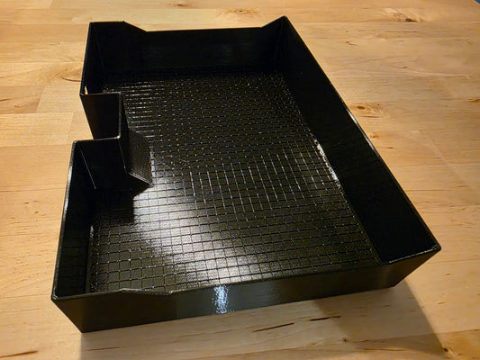 Under seat glovebox tray with flat bottom.